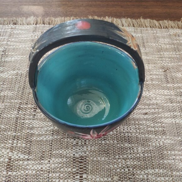 Italian Majolica Starburst Bowl Art Pottery, VTG Ceramic Basket Bowl signed 6" - Picture 3 of 13